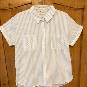 Orvis White Short-Sleeve Camp Shirt with Blue Pinstripes Womens Sz L